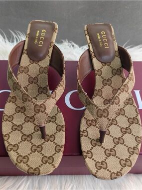 Gucci Brown GG Canvas Thong Sandals
